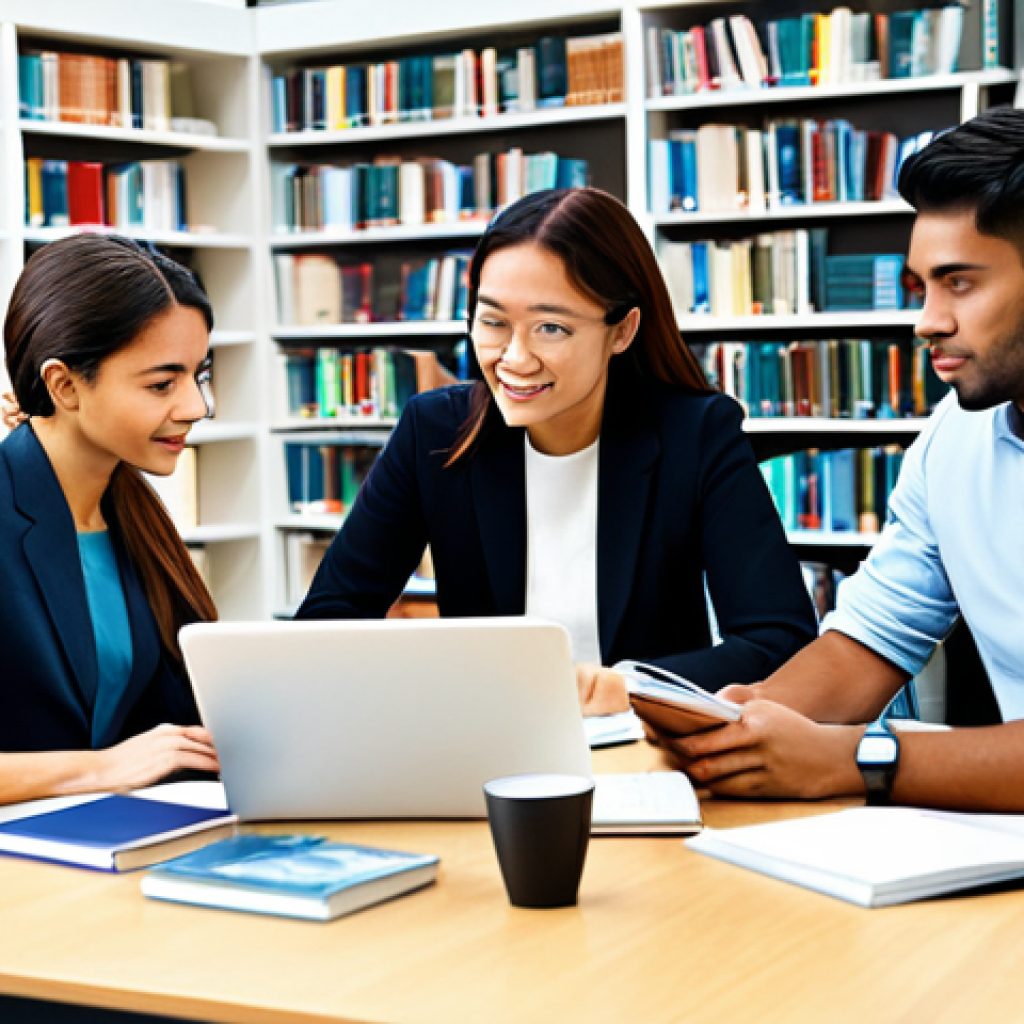 **Prompt:** A diverse study group of professionals, fully clothed in business casual attire, collaborating around a table covered in textbooks and laptops, modern library background, appropriate content, safe for work, perfect anatomy, natural proportions, digital illustration, professional, family-friendly.
