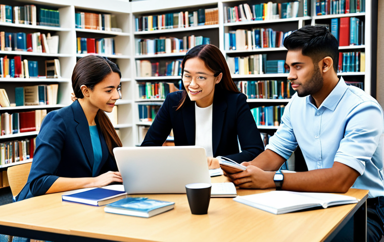 **Prompt:** A diverse study group of professionals, fully clothed in business casual attire, collaborating around a table covered in textbooks and laptops, modern library background, appropriate content, safe for work, perfect anatomy, natural proportions, digital illustration, professional, family-friendly.