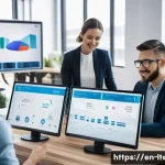 Home 20 물류기술사 취득 후 창업 성공 사례 - A modern logistics startup office scene showing a diverse team of professionals collaborating over d...