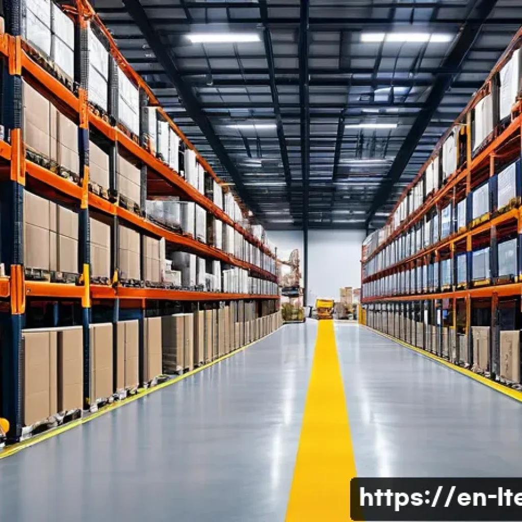 물류기술사와 재고 관리 시스템 개선 - A modern, spacious warehouse interior featuring dynamic zones with wide aisles and automated guided ...