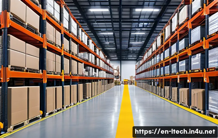 물류기술사와 재고 관리 시스템 개선 - A modern, spacious warehouse interior featuring dynamic zones with wide aisles and automated guided ...