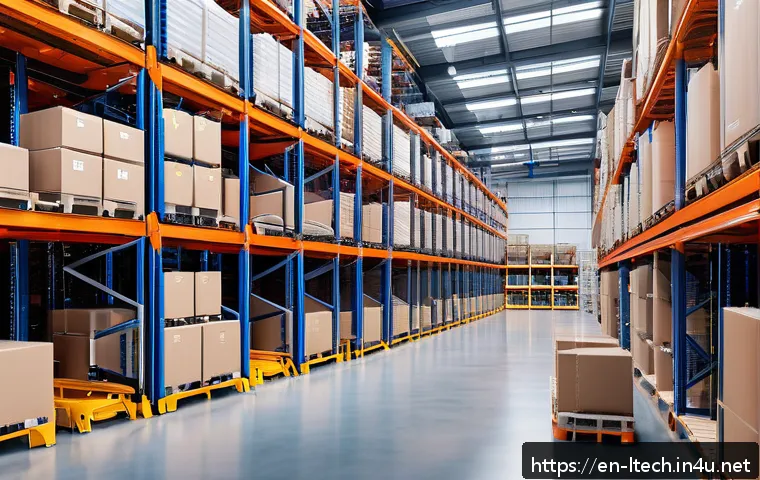 물류기술사 자격증의 활용 분야 - A modern, high-tech warehouse interior featuring automated picking robots, IoT sensors tracking inve...